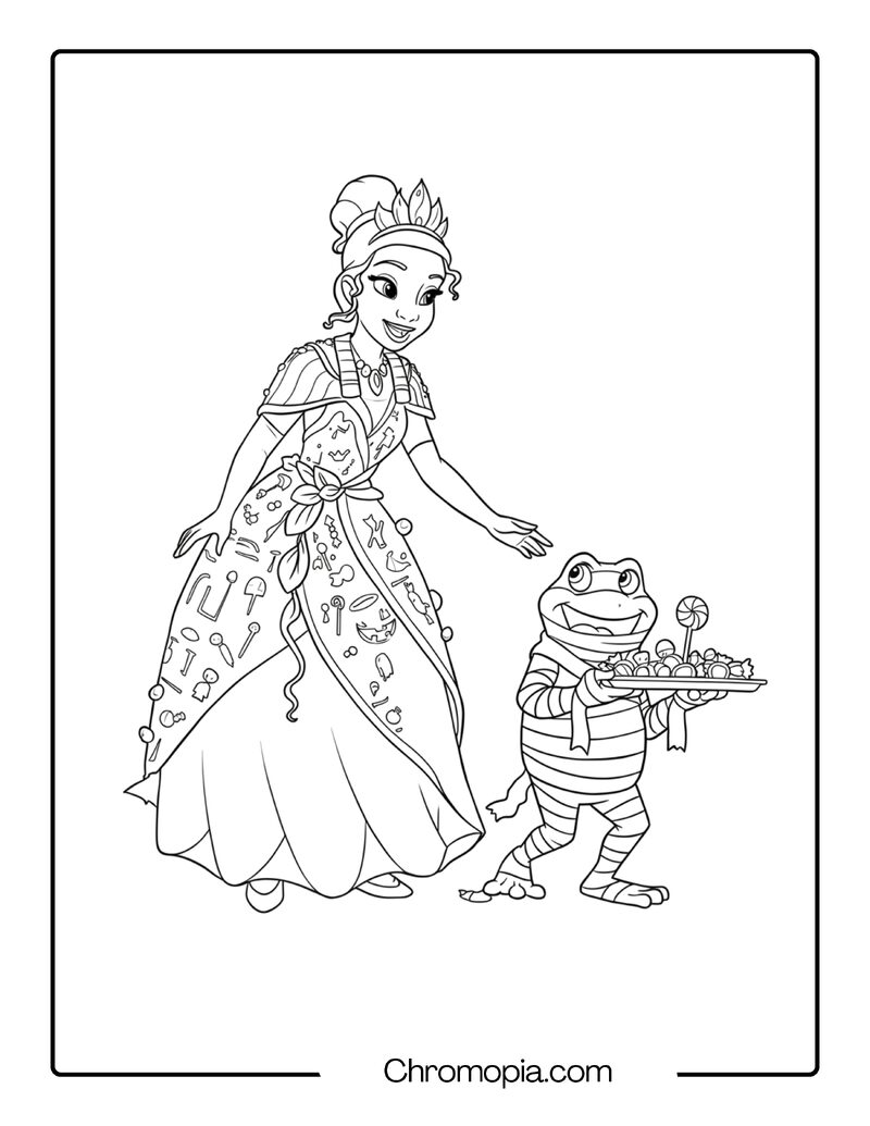 Tiana Halloween Coloring Page with Mummy