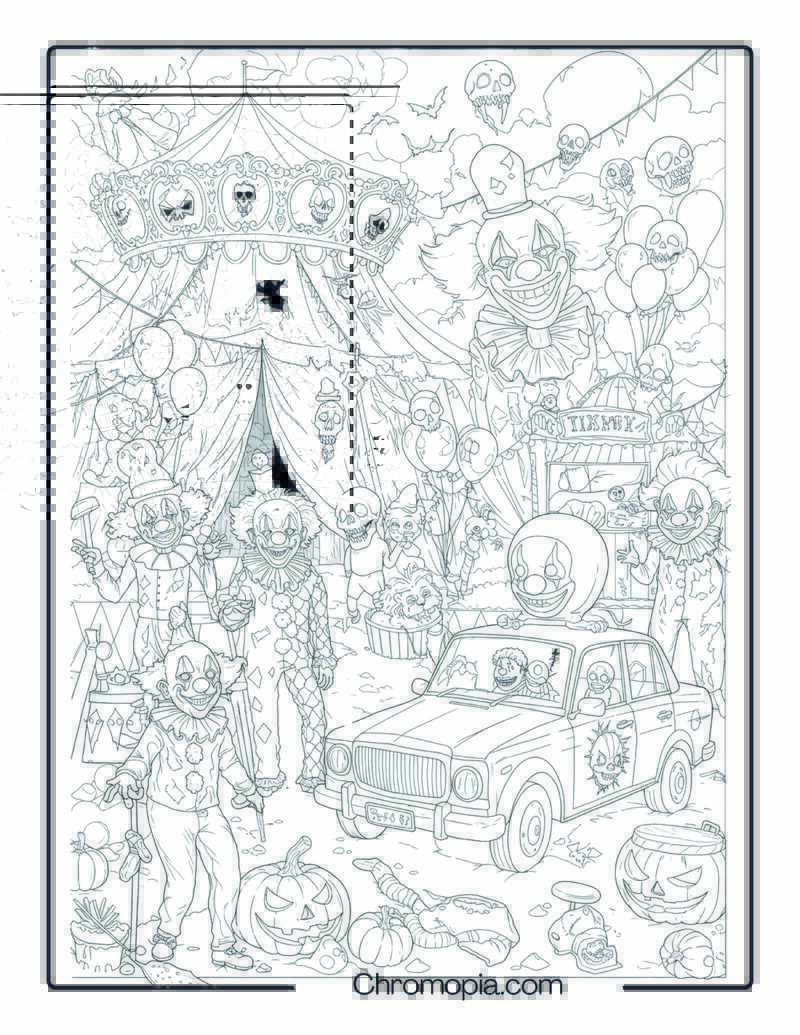 Carnival of Cursed Clowns – Halloween Coloring Page (Scary Clown Costumes in Haunted Circus Theme)
