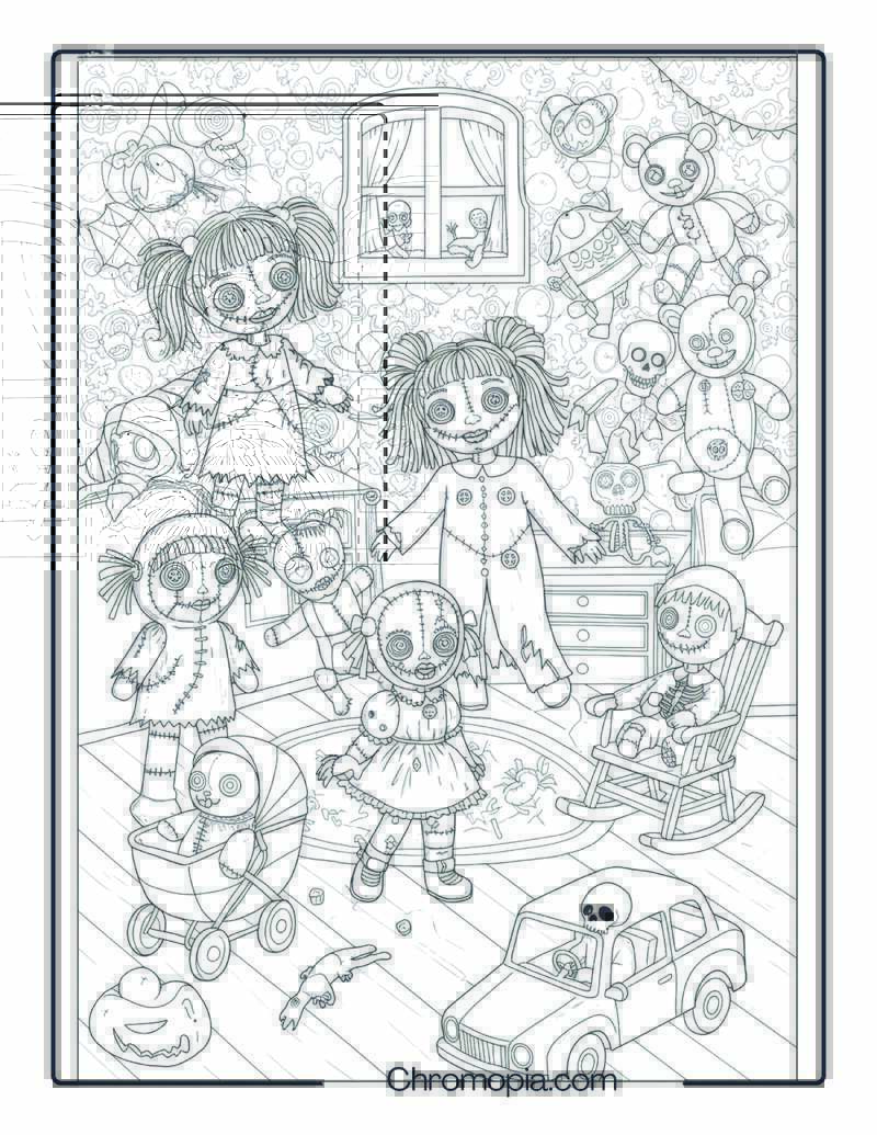 Demonic Dollhouse Mayhem – Halloween Coloring Page (Haunted Dolls & Possessed Costumes Theme)