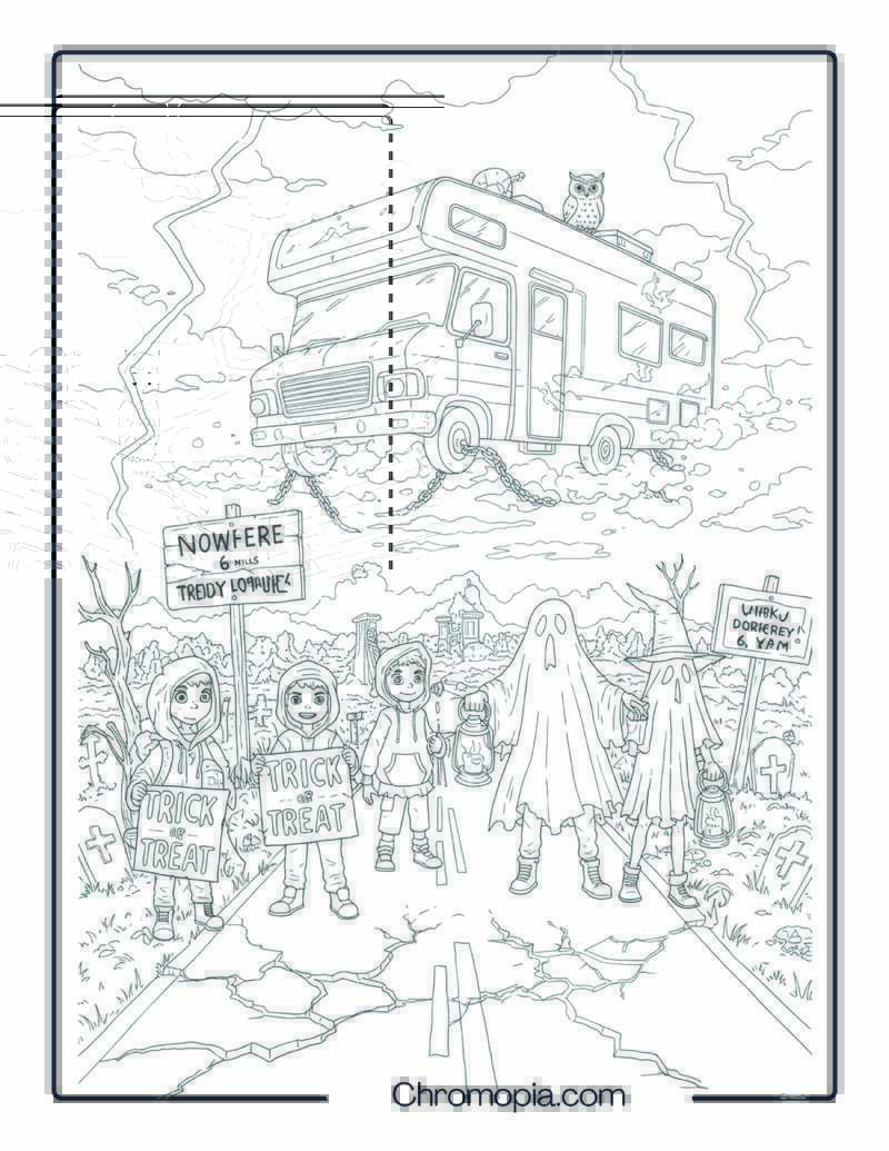 Ghost Town Hitchhikers – Halloween Coloring Page (Ghost Costumes in Abandoned Highway Theme)