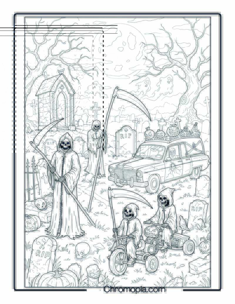 Haunted Graveyard Reapers – Halloween Coloring Page (Classic Grim Reaper Costumes in Cemetery Theme)