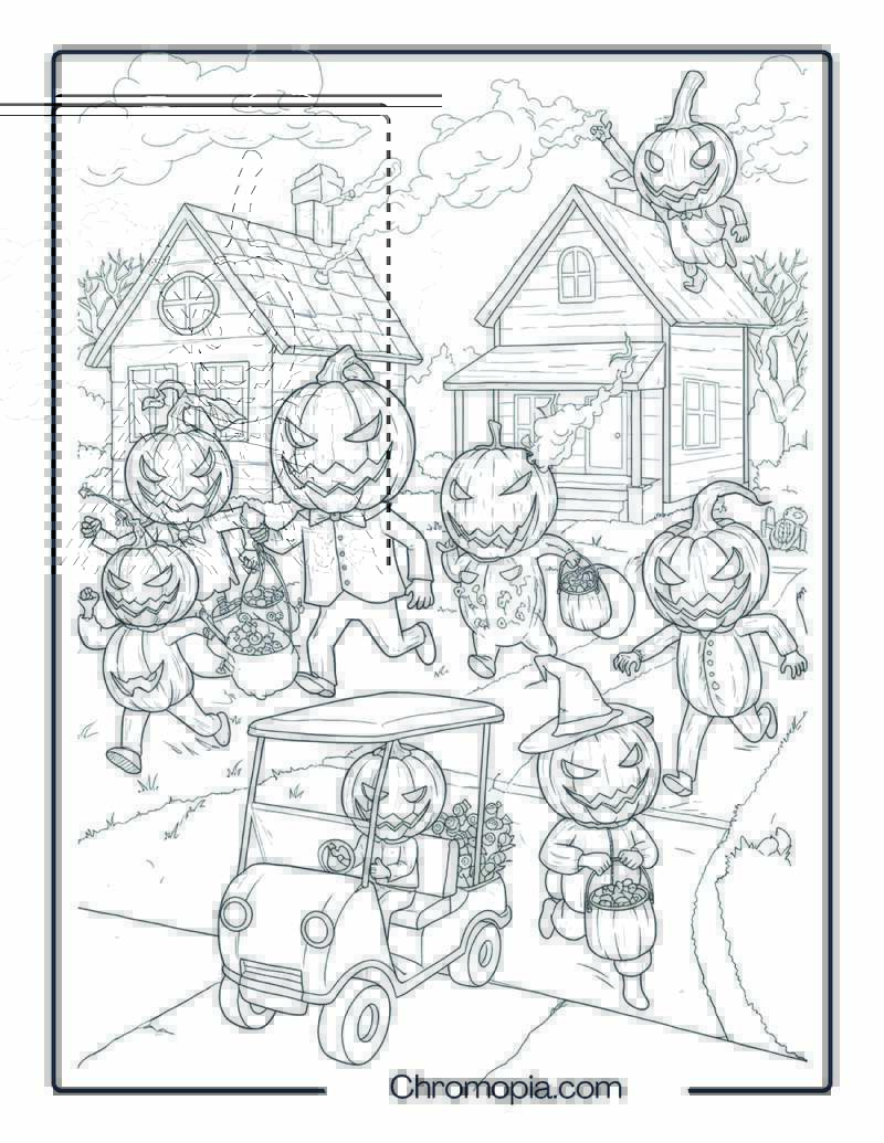 Pumpkinhead Trick-or-Treat Raid – Halloween Coloring Page (Jack-o_-Lantern Heads & Creepy Costume Attack Theme)