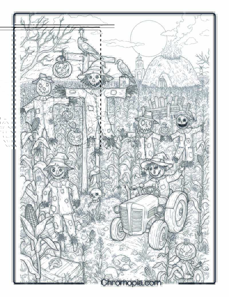 Scarecrow Harvest Horror – Halloween Coloring Page (Living Scarecrow Costumes in Cornfield Setting)