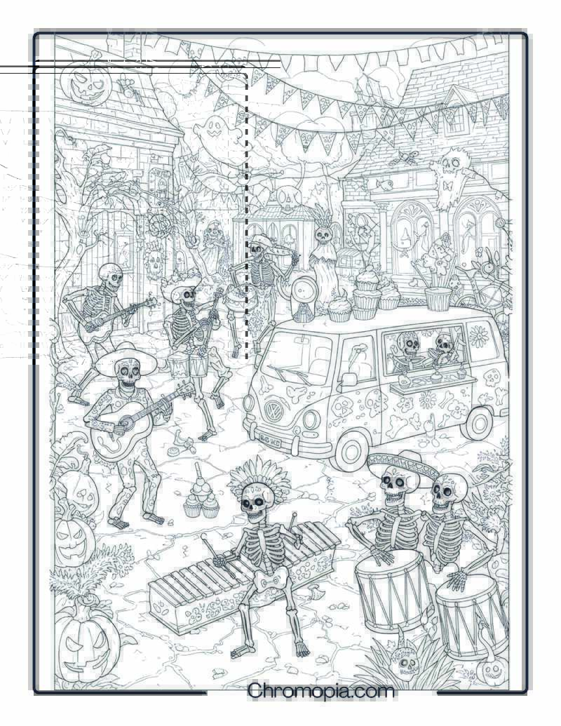 Skeleton Dance of Death – Halloween Coloring Page (Skeleton Costumes in Boneyard Festival Theme)