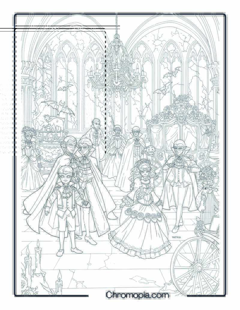 Vampire Masquerade Ball – Halloween Coloring Page (Elegant Vampire Costumes in Gothic Castle Theme)