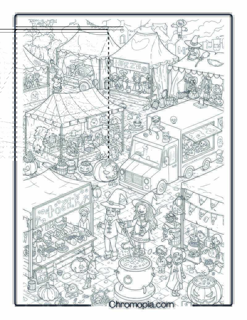 Witch Market Madness – Halloween Coloring Page (Witches, Warlocks & Costume Chaos Theme)
