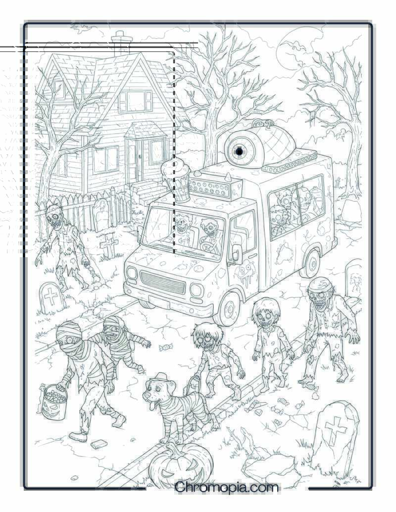 Zombie Parade of the Damned – Halloween Coloring Page (Zombie Costumes & Rotting Horror Theme)
