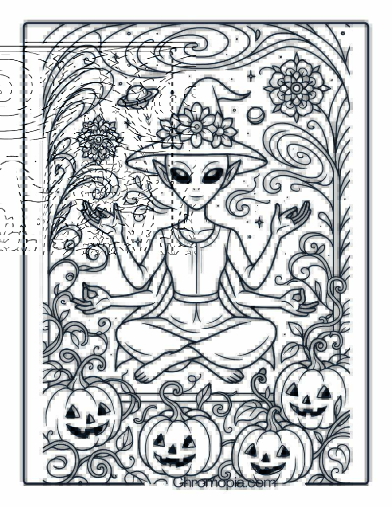 Alien Witch Floating in Space Garden – Alien Mindfulness Halloween Coloring Page