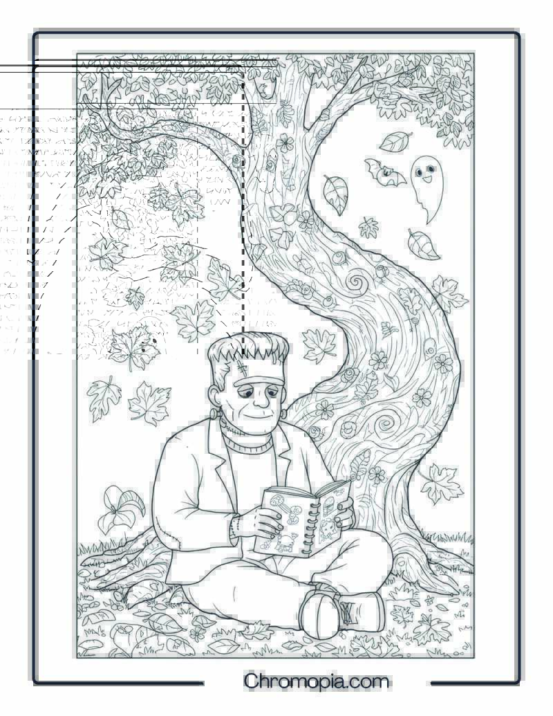 Frankenstein Journaling Under Falling Leaves – Self-Care Halloween Coloring Page