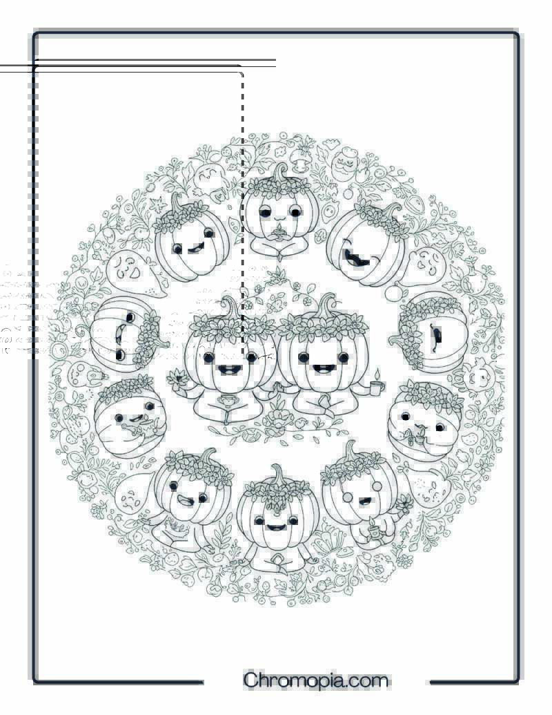 Meditation Circle with Pumpkin Yogis – Cute Halloween Mandala Coloring Page