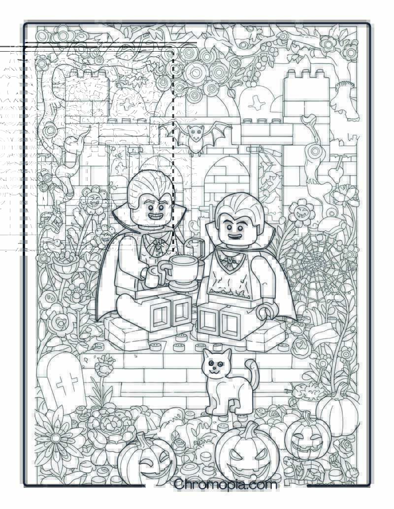 Mindful LEGO Vampire Tea Time – LEGO Style Halloween Coloring Page