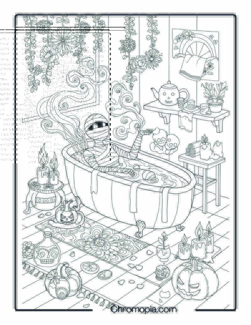 Mummy Spa Day – Self-Care Halloween Coloring Page