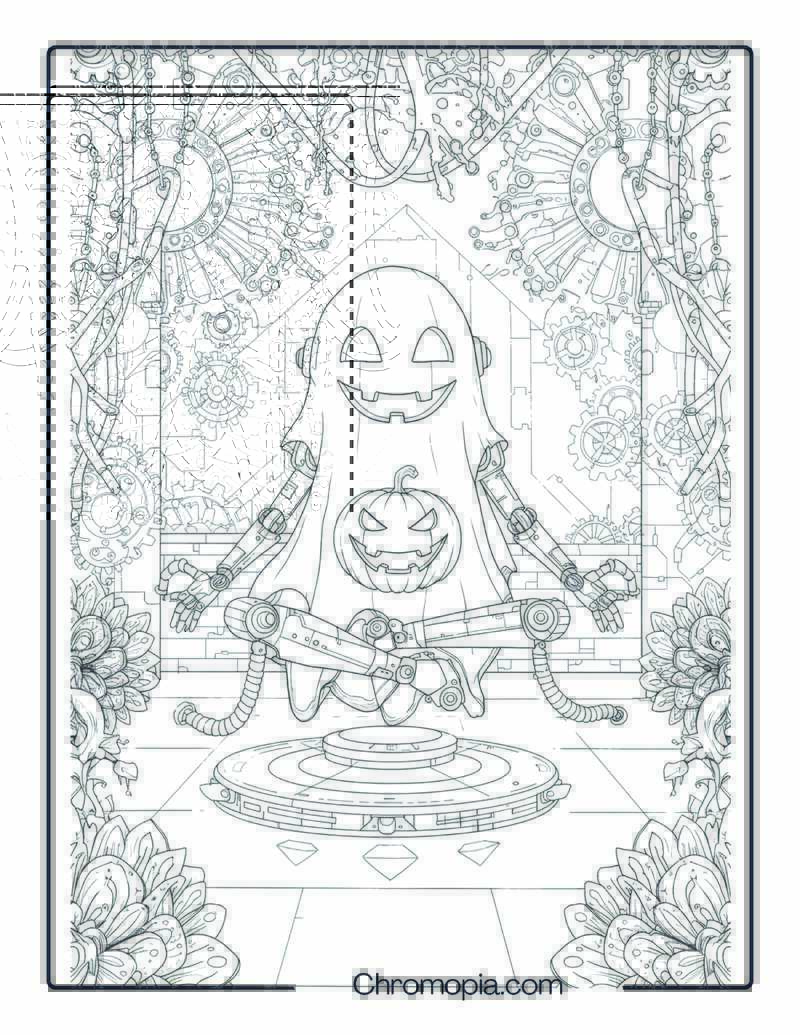 Robot Ghost in Zen Meditation – Robot Style Halloween Coloring Page