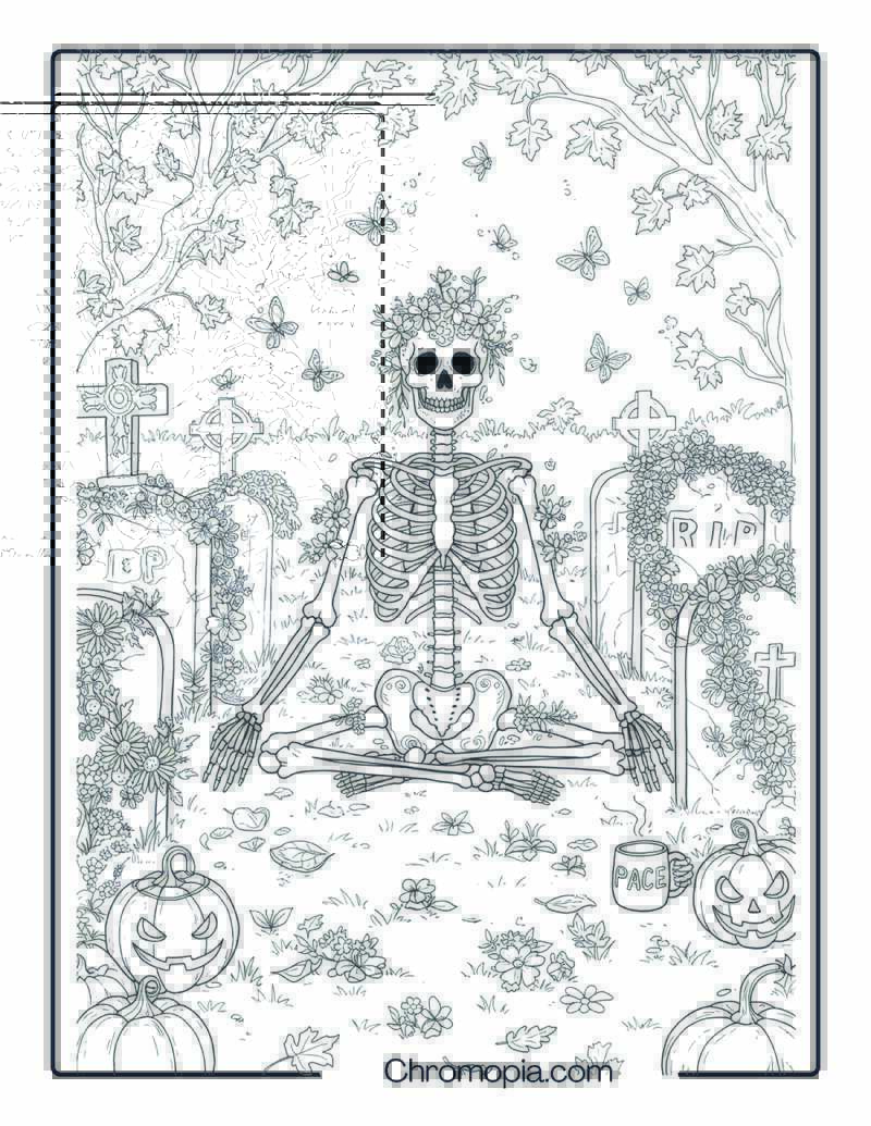 Skeleton Doing Yoga in a Floral Graveyard – Mindfulness Halloween Coloring Page