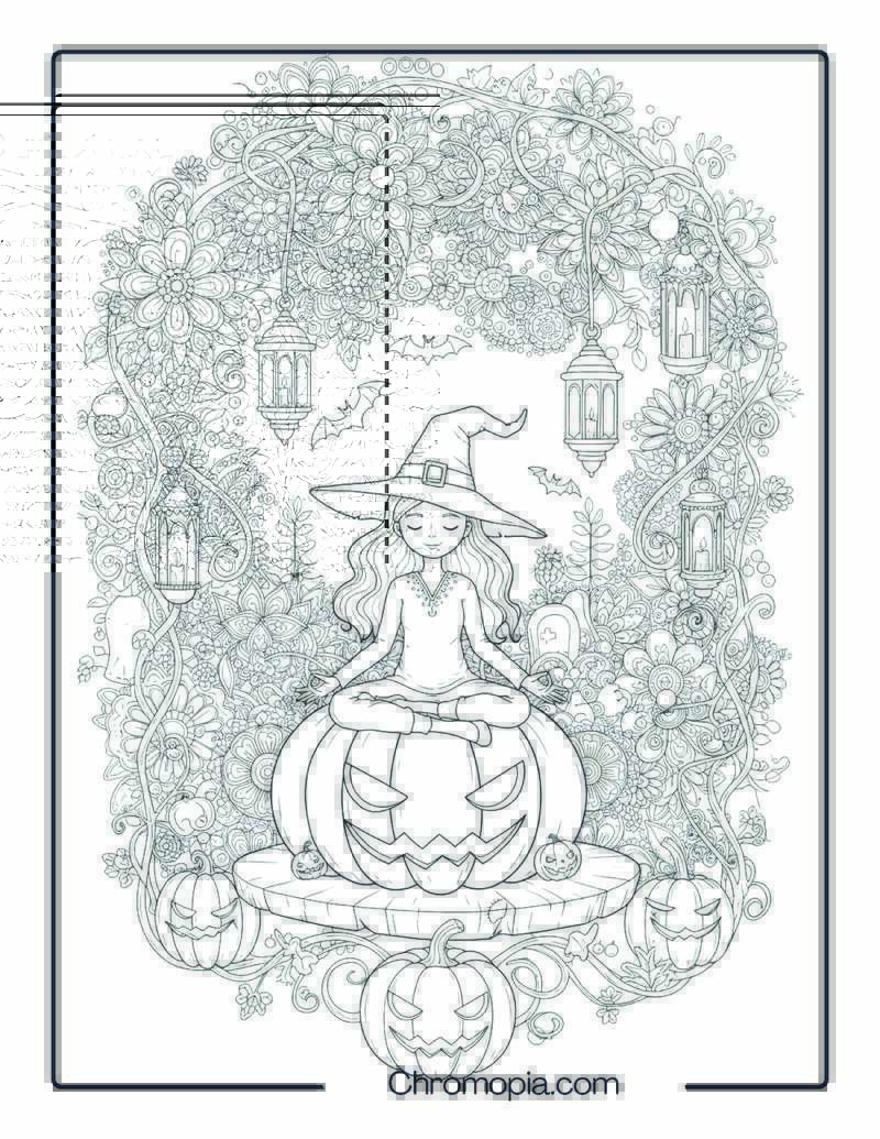 Witch in a Mindful Garden – Mindfulness Halloween Coloring Page