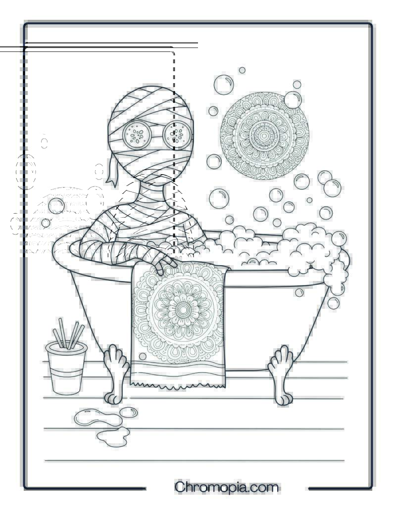 Mummy Soaking in Bathtub Mandala Coloring Page
