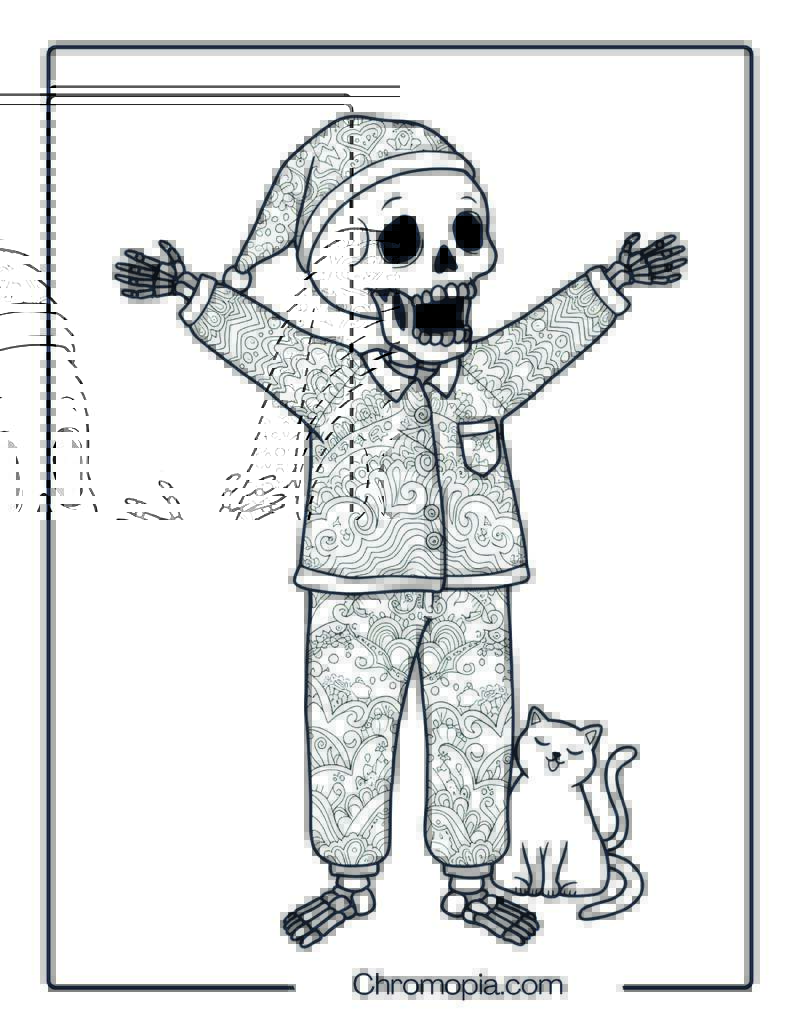 Sleepy Skeleton in Pajamas Mandala Page