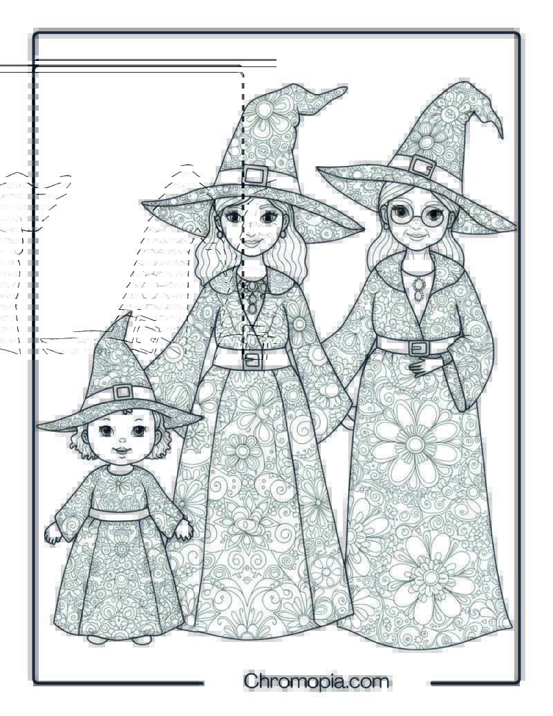 Witch Family Portrait Mandala Coloring Page