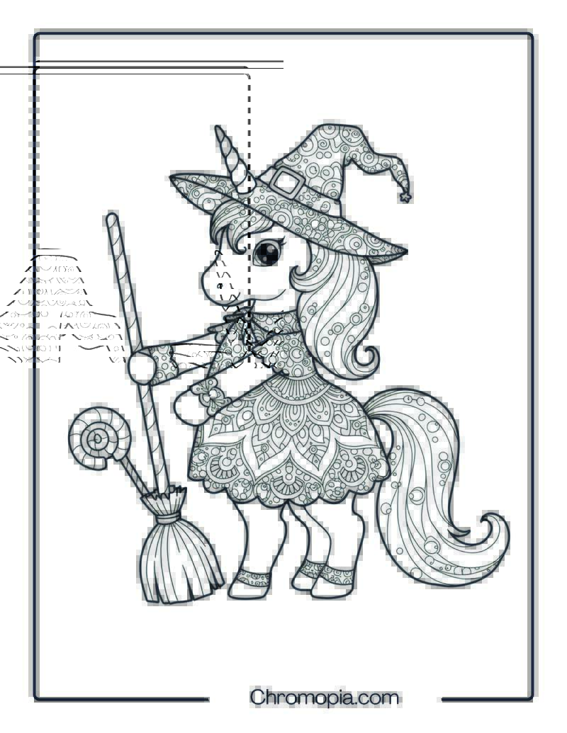 Candy Unicorn Witch Mandala Coloring Page