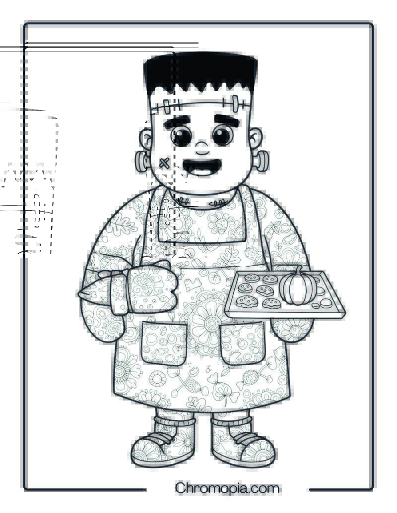 Frankenstein Baking Cookies Mandala Coloring Page