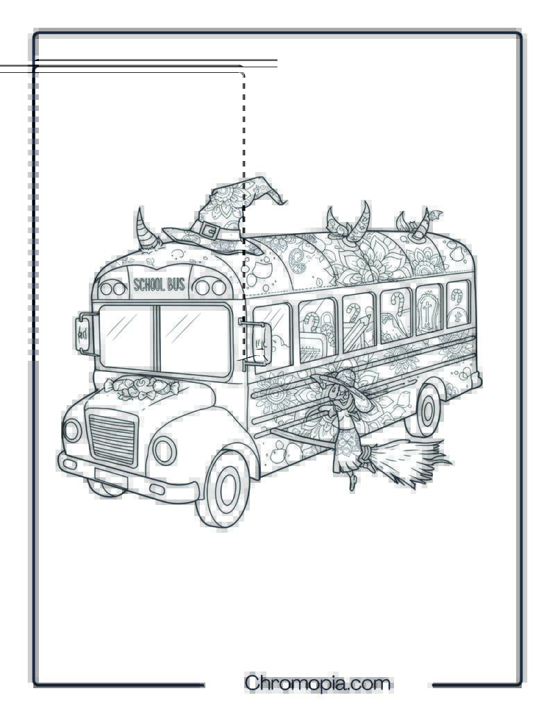 Magical Witch School Bus Mandala Coloring Page