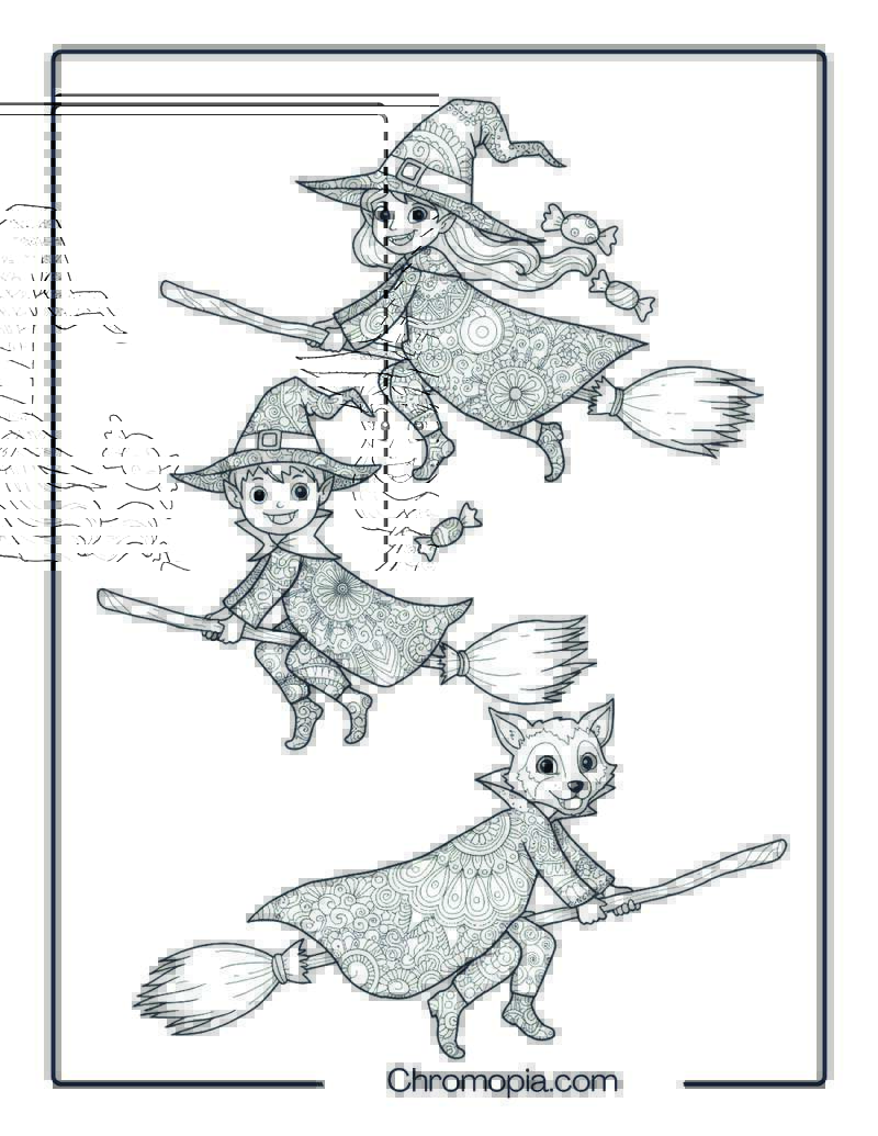 Flying Broom Riders Mandala Coloring Sheet