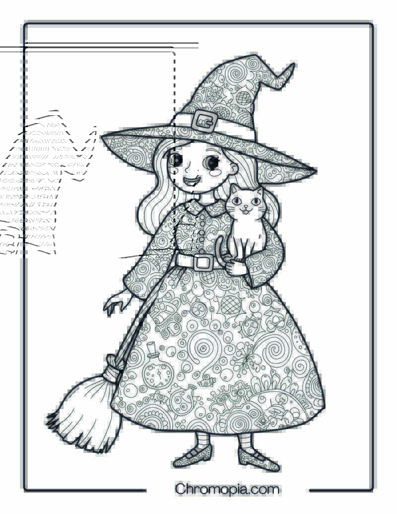 Witch with Cat Mandala Coloring Sheet