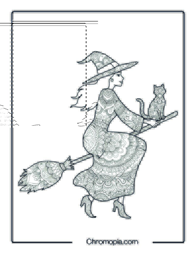 Witch_s Broom and Black Cat Mandala Halloween Coloring Page