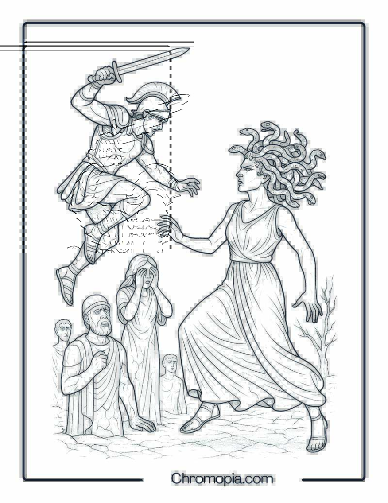 Medusa and Perseus Battle Scene – Coloring Sheet