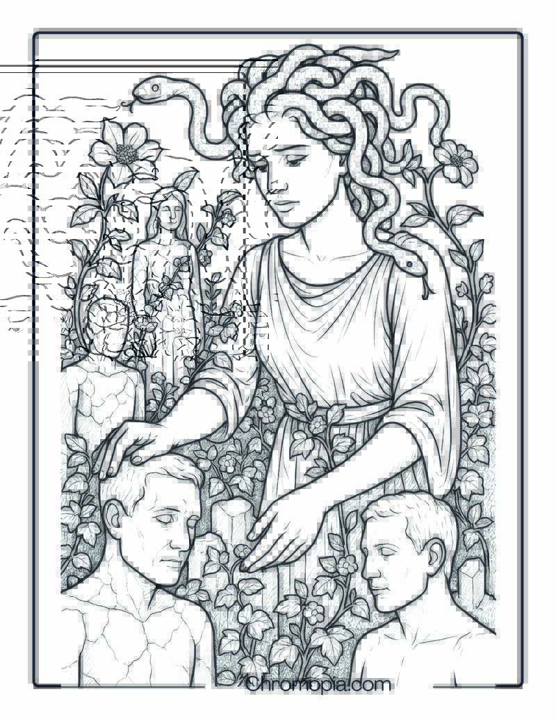 Medusa and the Stone Garden – Coloring Page