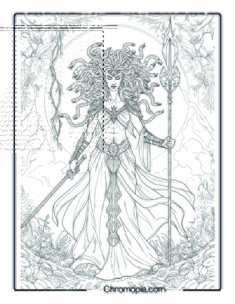 Medusa as Forest Guardian – Coloring Page
