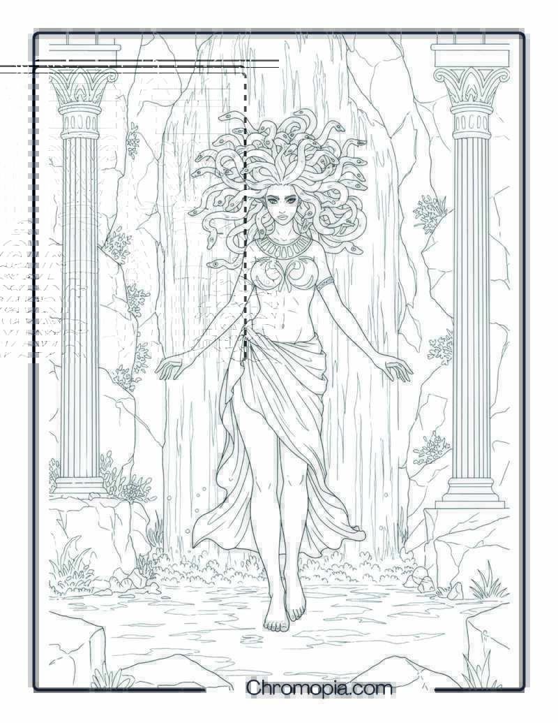 Medusa in Waterfall Cave Temple – Coloring Page