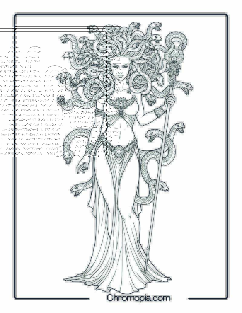 Medusa with Twin Serpent Staff – Coloring Sheet