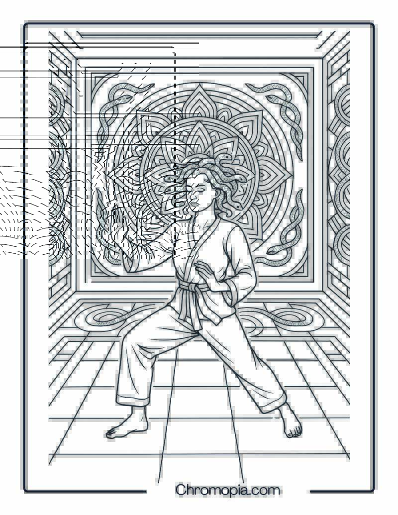 Medusa doing tai chi inside a geometric zen temple