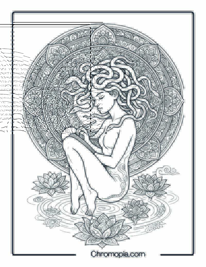 Medusa floating inside a sacred flower mandala circle