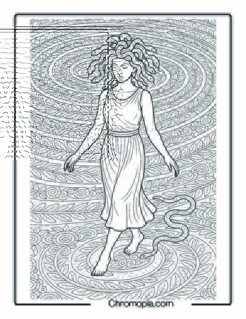 Medusa in mindful walking meditation through a spiral garden