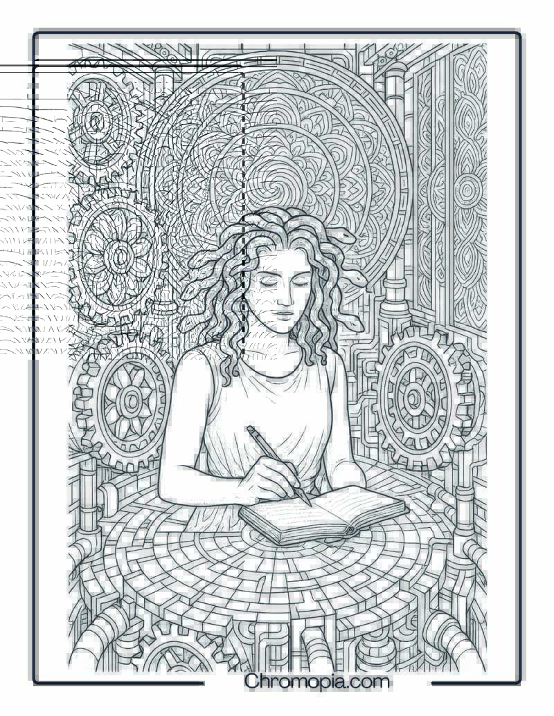 Medusa journaling inside a mechanical dream temple