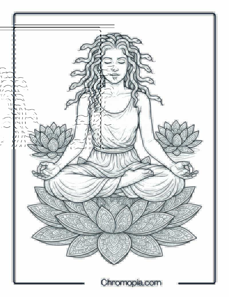 Medusa meditating in a floating flower garden