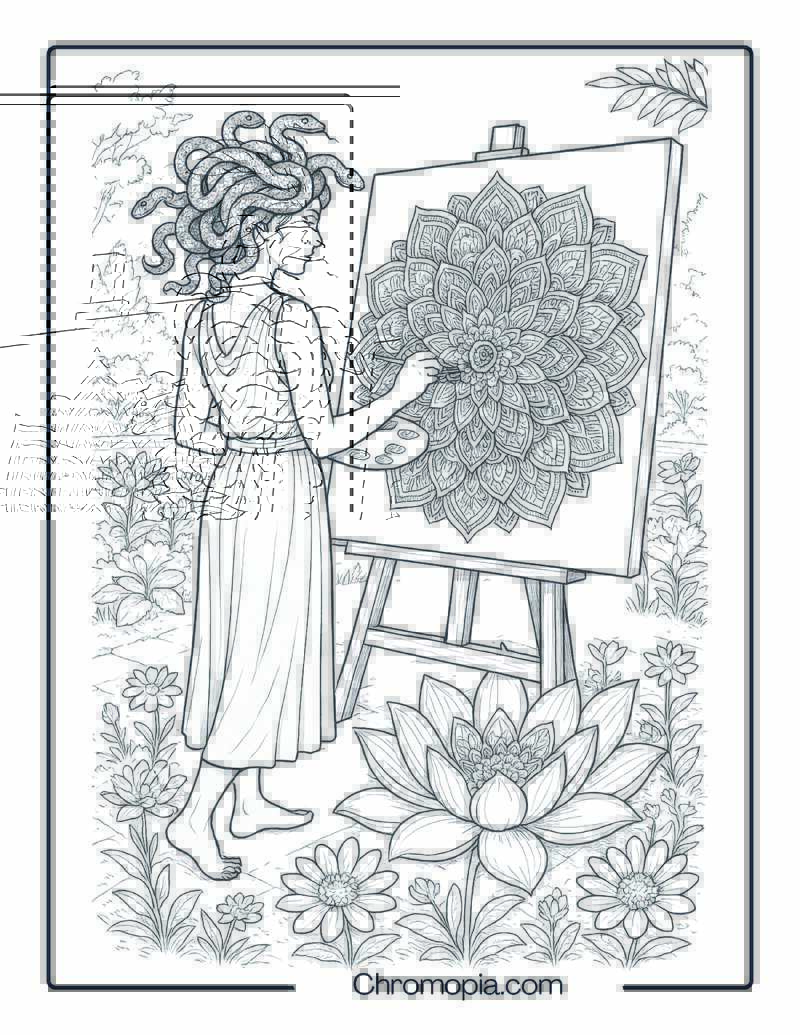 Medusa painting a mandala on a giant canvas