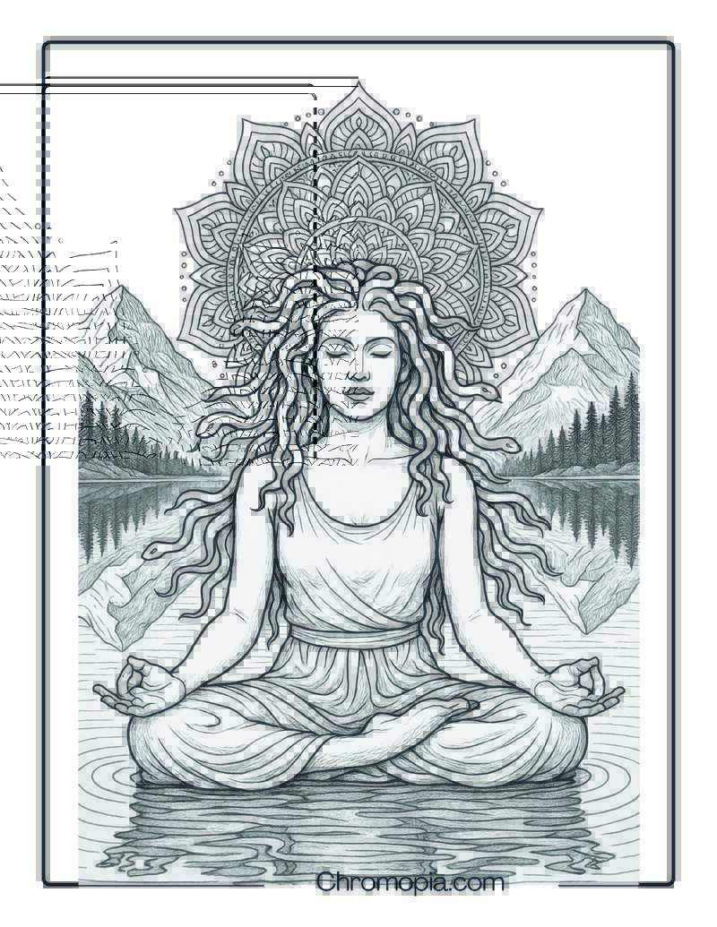 Medusa practicing mindful yoga by a mountain lake