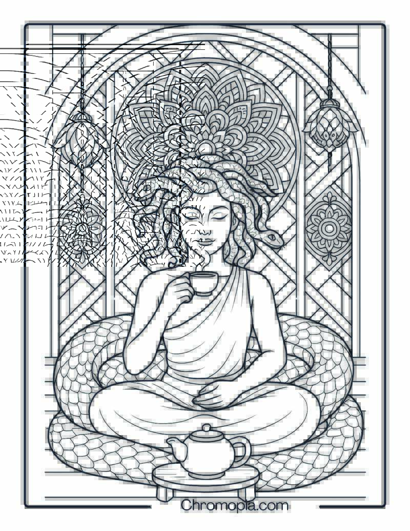 Medusa sipping tea in a serpent-shaped zen tea house