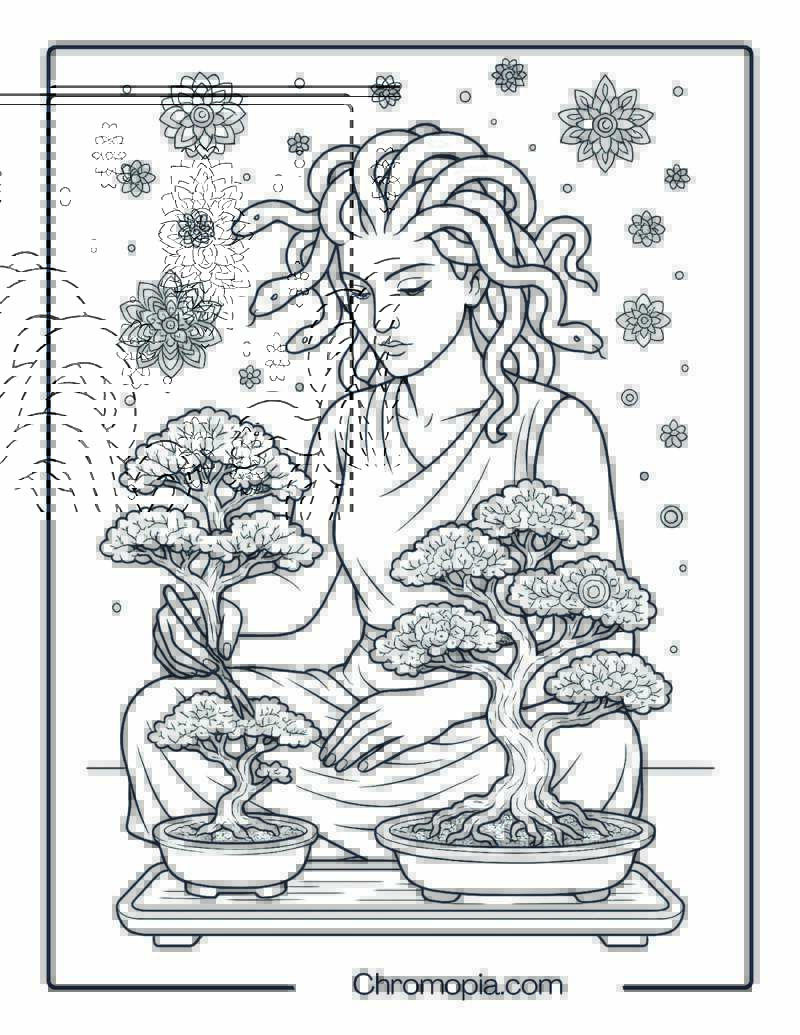Medusa tending a miniature bonsai-mandala garden