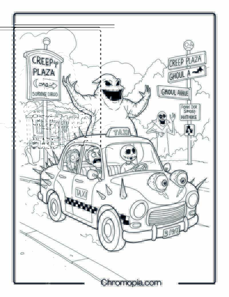 Oogie Boogie as a Taxi Driver in Monster City Coloring Page