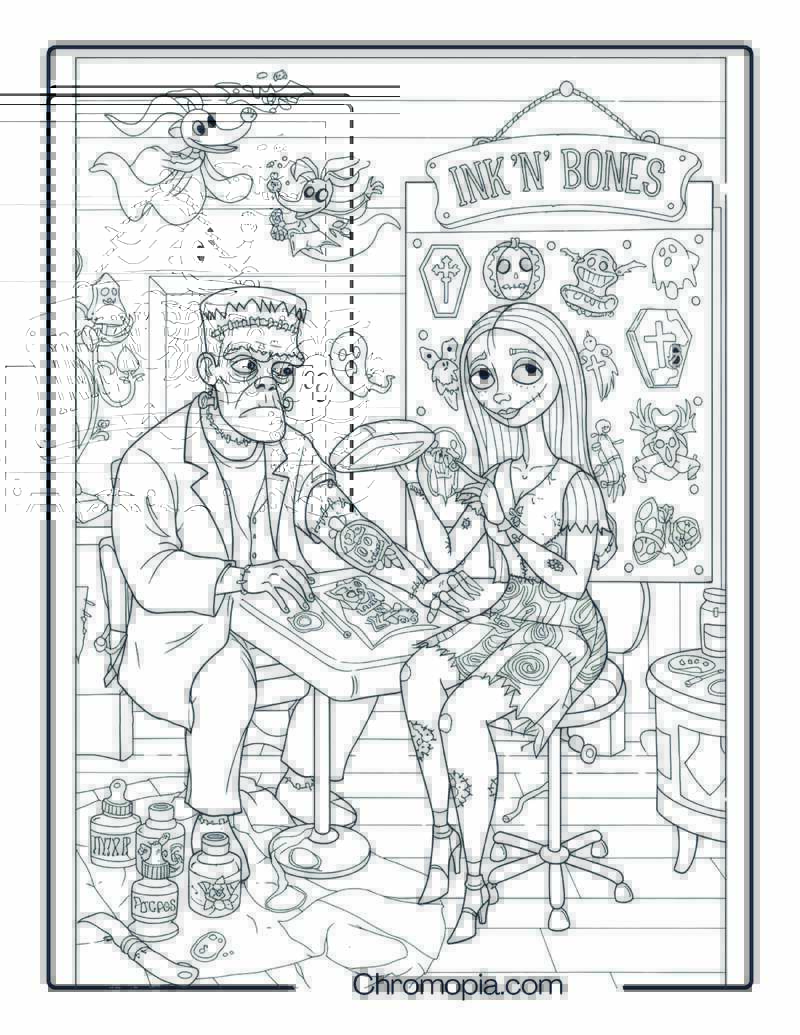 Sally as a Tattoo Artist in Halloween Ink Shop Coloring Page
