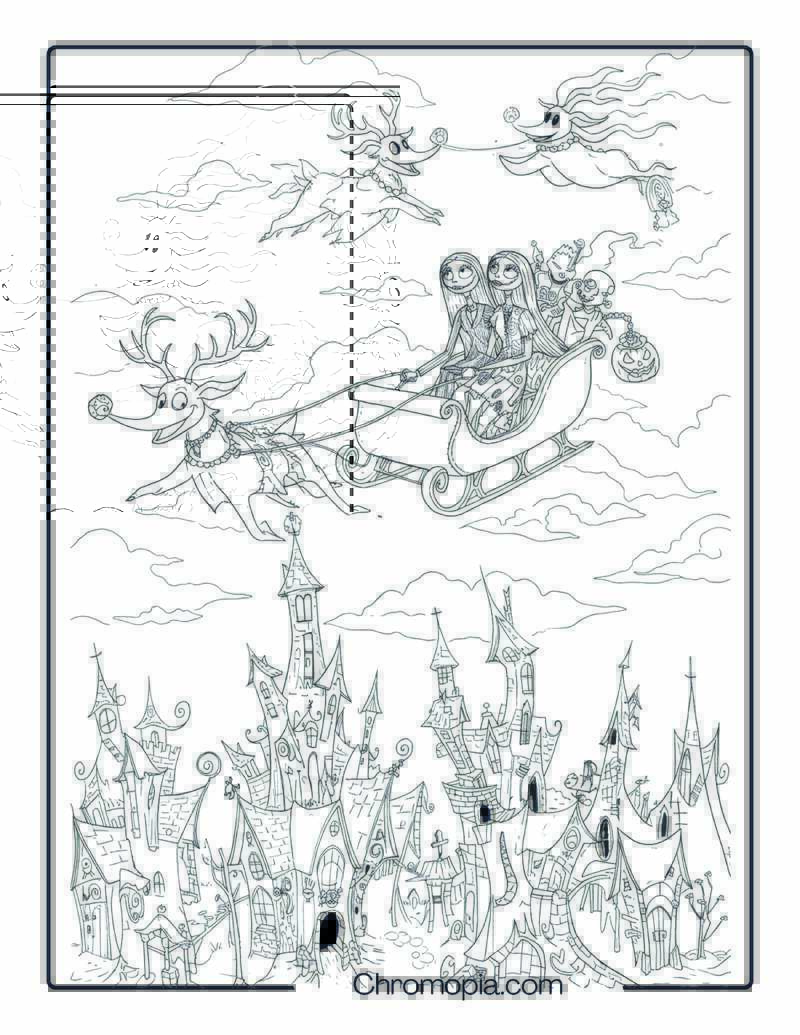 Nightmare Before Christmas Flying Over Halloween Town Coloring Page