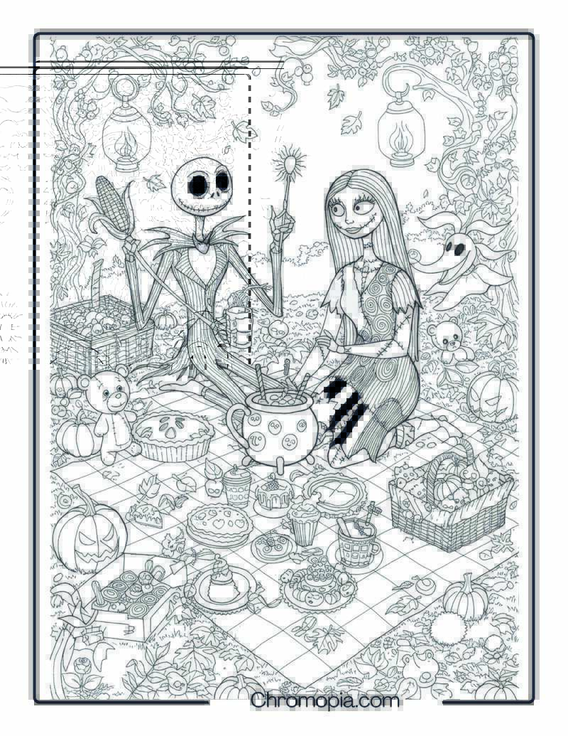 Nightmare Before Christmas Autumn Picnic Coloring Page
