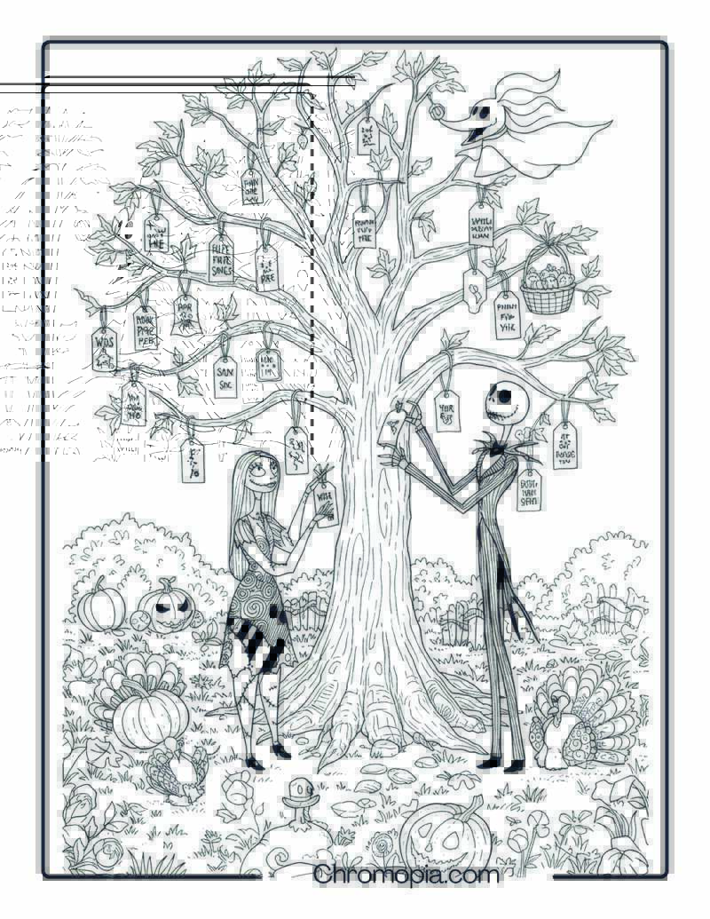 Nightmare Before Christmas Thankful Tree Scene Coloring Page