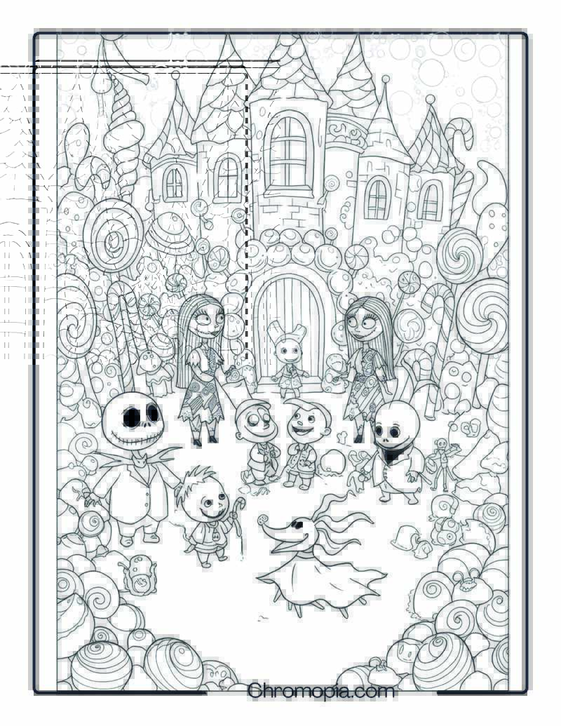 Nightmare Before Christmas Kids in a Candy Castle Coloring Page