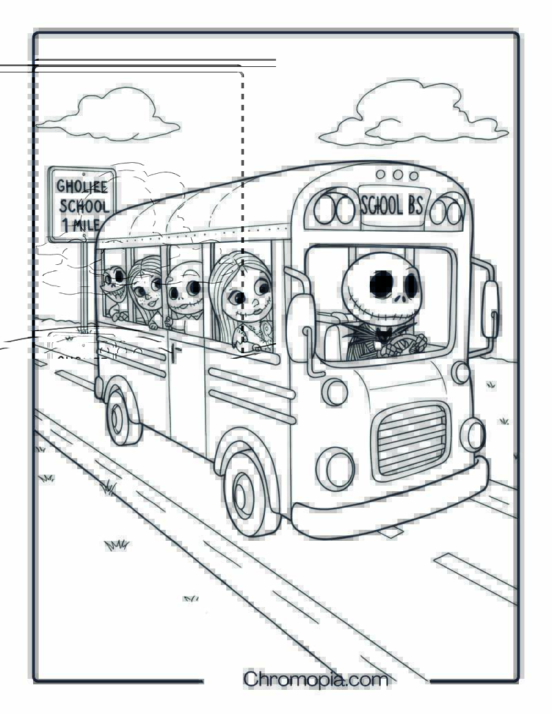 Toddler Jack Skellington Drives a School Bus Coloring Page
