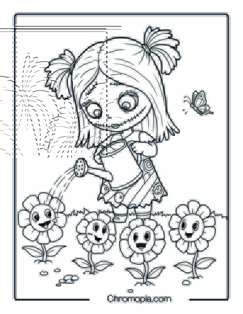 Toddler Sally Watering Flower-Shaped Ghosts Coloring Page